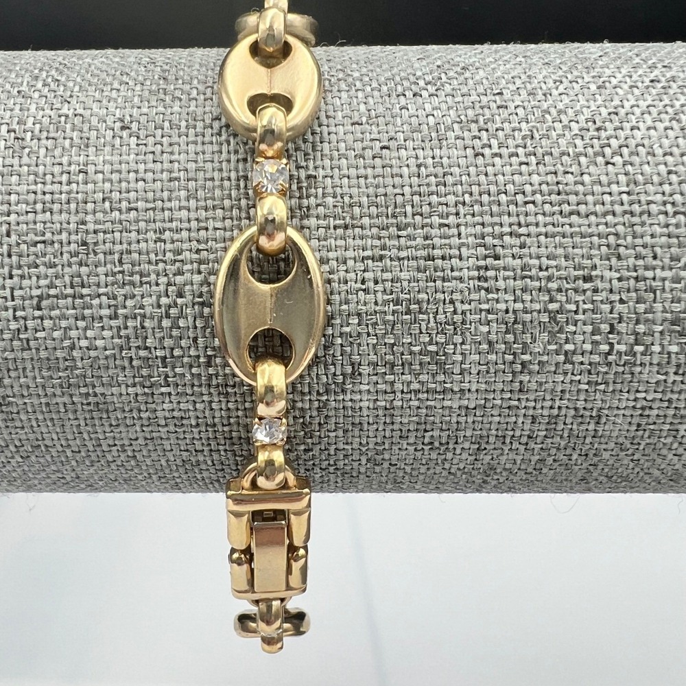 Vintage Gold Tone Mariner Link Rhinestone Bracelet 7.25 Inch